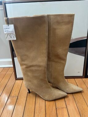 Zara Suede Knee-High Pointed Toe Boots - Tan